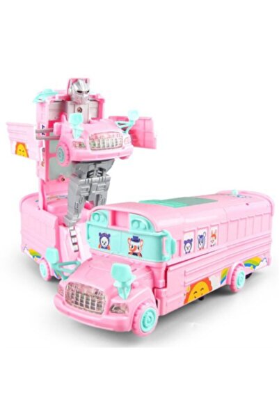 MuditaToys Sevimli Pembe Dönüşebilen Okul Otobüsü Trasformace Robot Pilli Işı...
