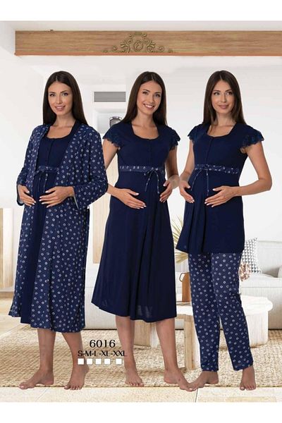 Lohussa Effort Women's Navy Blue Patterned Buttoned Dressing Gown Set of 4 Maternity Pregnant Pajamas Nightgown Set