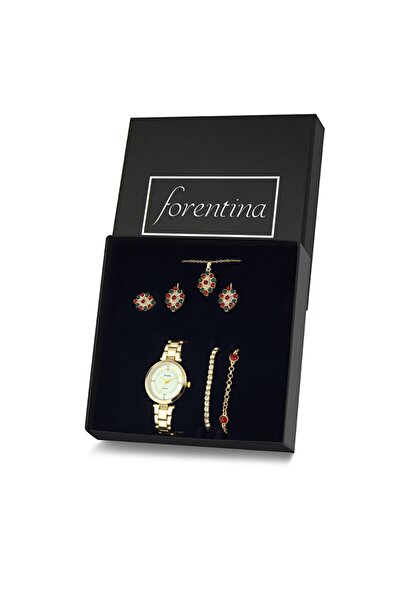 Forentina Renkli Taşlı Kolye Küpe Bileklik Yüzük Saat Hediye Set Ps1996