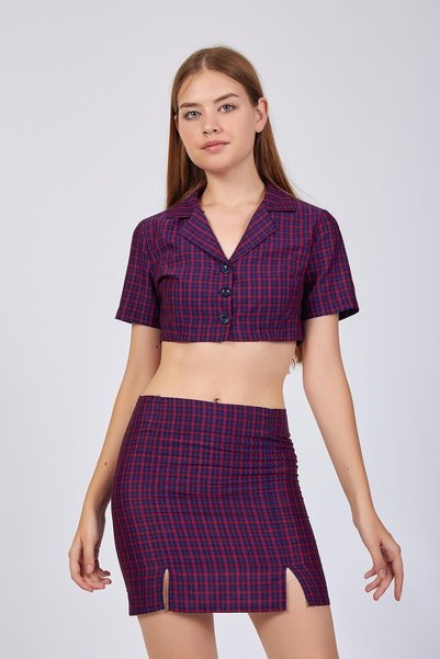 Volanlı Jachetă de cămașă Crop Top în carouri