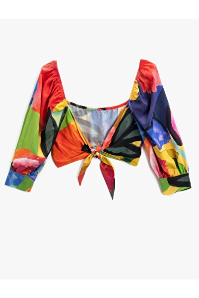 Koton Balloon Sleeve Crop blúz megkötött elöl mintás