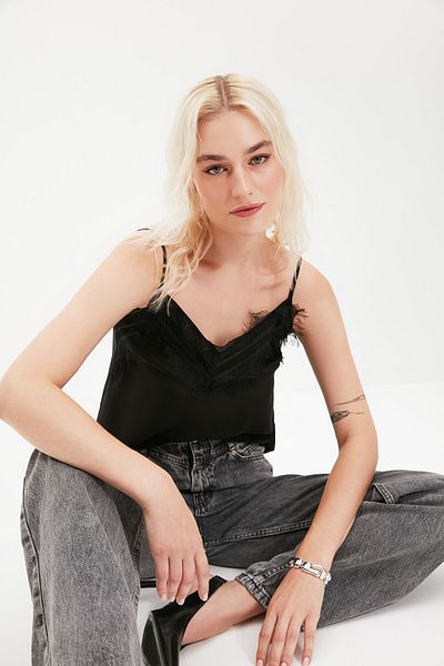 Trendyol Collection Black Lace Detailed Strappy Woven Blouse TWOSS19BB0208