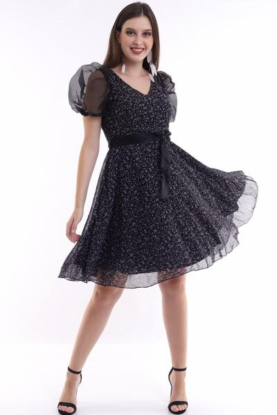 Ceylen Organza Balloon Sleeve V-neck Chiffon Flared Mini Dress