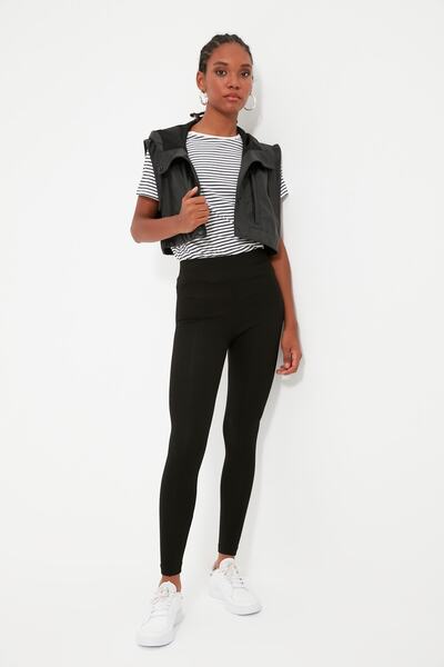 Trendyol Collection Colanți negri tricotați elastici cu talie înaltă, cu panglică TWOAW20TA0079