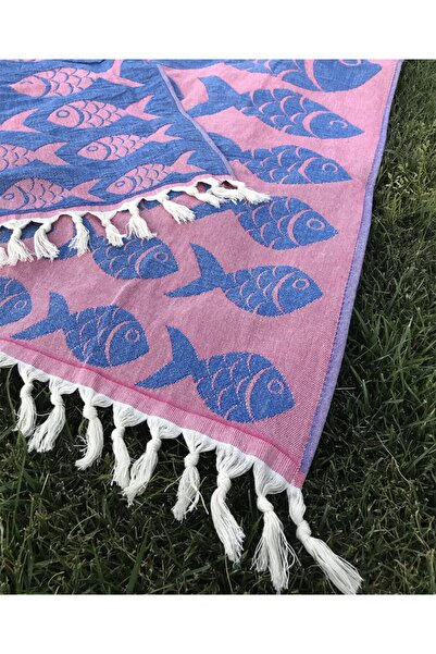Lucy and Home 100% Cotton Jacquard Fish Patterned Fringed Beach Towel 100X165 cm