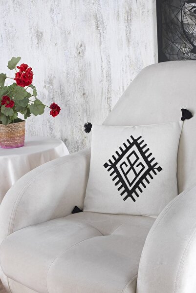 ÖDEL HOME وسادة رمي من قماش بولدان أسود طبيعي مطرز مقاس 40 × 40 سم