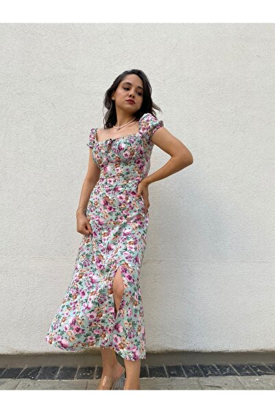 de LUNA Burümcük Fabric Floral Patterned Strappy Slit Midi Dress