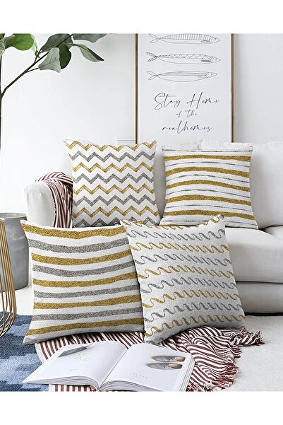 Realhomes 4'lü Çift Taraflı Beyaz Zeminli Gold Detaylı Geometrik Desenli Mode...