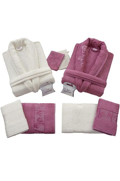 Nurpak Bamboo Embroidered Luxury 10 Piece Plum-cream Οικογενειακό Σετ μπουρνούζι