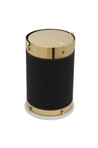 Mayaglory Vogue Serisi Doğal Mermer Taş Deri Yuvarlak Çöp Kovası Siyah Gold R...