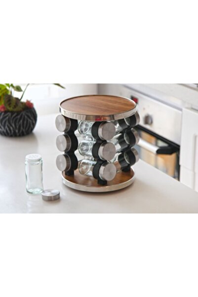 GÖNÜL Perotti Wooden Covered 12-Piece Glass Spice Rack with Round Swivel Stand