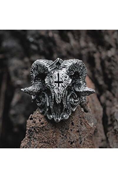 northstarshop Baphomet Gotik Skull & Cross Ayarlanabilir Motorcu Çelik Yüzük