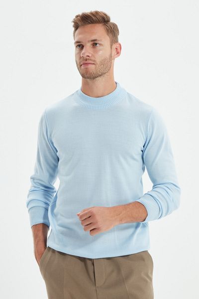 Trendyol Collection Pulover de bază, albastru, slim fit, pentru bărbați - jumătate de gât țesut, slim fit TMNAW21KZ0758