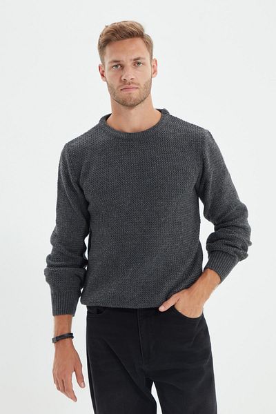 Trendyol Collection Anthracite Slim Fit Πουλόβερ με υφή με λαιμόκοψη TMNAW21KZ1586