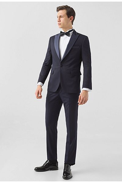 D'S Damat Slim Fit Navy Blue Dobby Turndown Collar Groom Suit & Tuxedo Suit