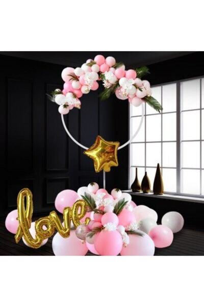TATLI GÜNLER Yuvarlak Balon Standı + 30 Adet Metalik Pembe Beyaz Gümüş Balon