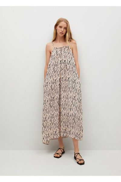 MANGO Woman Γυναικείο φόρεμα με εκρού μίντι σχέδιο