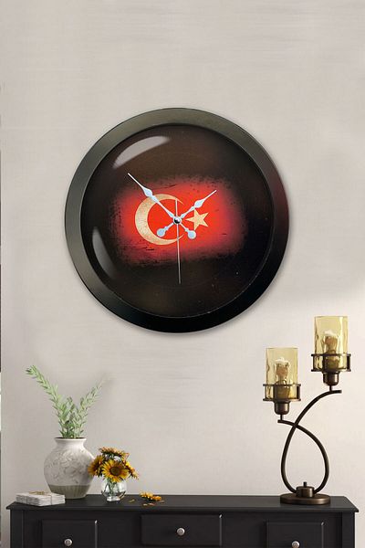 Kasva Concept 36 cm Black Metal Turkish Flag Wall Clock