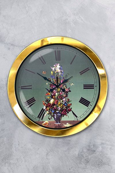 Kasva Concept Gift 36 cm Gold Metal Flower Wall Clock with Vase