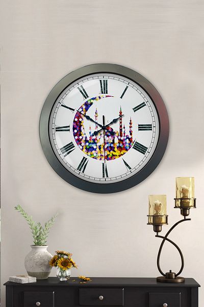 Kasva Concept Gift 36 cm Chrome Metal Crescent and Mosque Wall Clock