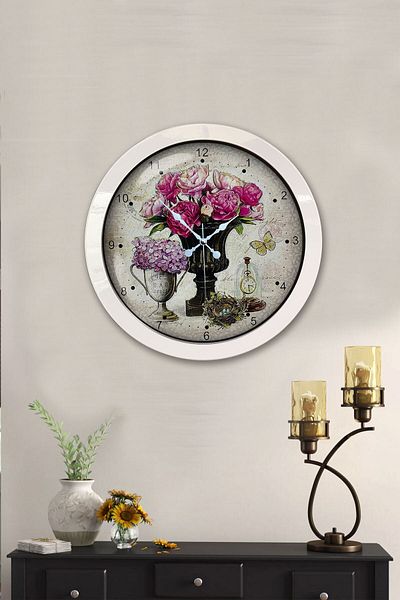 Kasva Concept Gift 36 cm White Metal Pink Flower Wall Clock