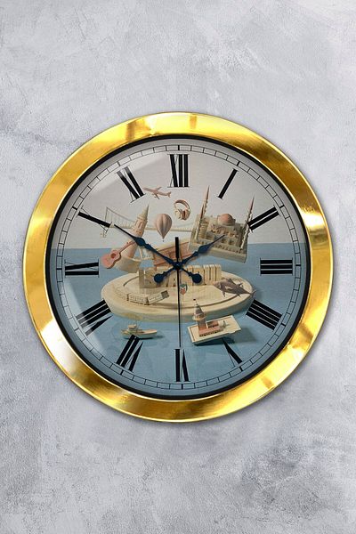 Kasva Concept Gift 36 cm Gold Metal Istanbul Wall Clock