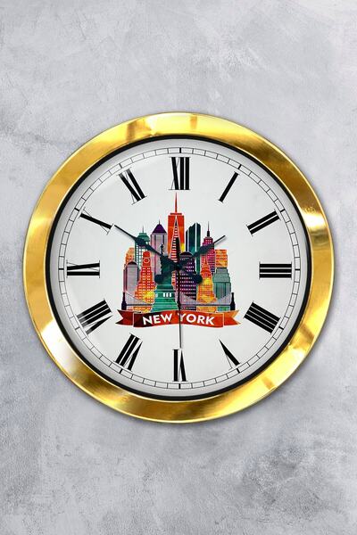 Platin Saat هدية ساعة حائط معدنية ذهبية مقاس 36 سم تحمل عنوان نيويورك