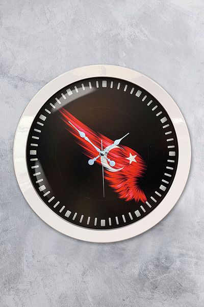 Kasva Concept 36 cm White Metal Turkish Flag Wall Clock