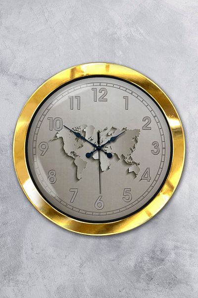 Platin Saat 36 cm Gold Metal White Map Wall Clock