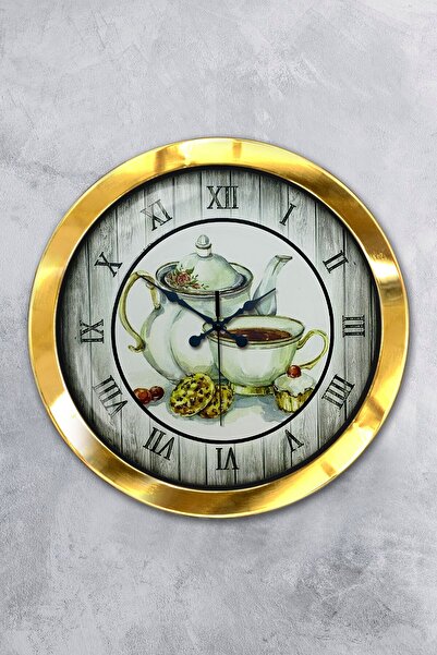 Platin Saat ساعة حائط للمطبخ بتصميم إبريق شاي معدني ذهبي مقاس 36 سم