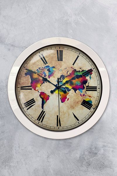 Kasva Concept 36 cm White Metal Colored World Wall Clock