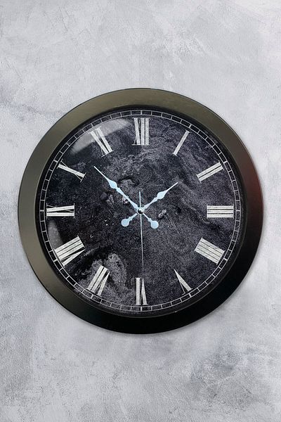 Kasva Concept Gift 36 cm Black Metal Roman Marble Patterned Wall Clock