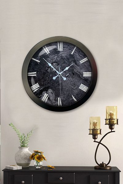 Kasva Concept Gift 36 cm Black Metal Roman Marble Patterned Wall Clock