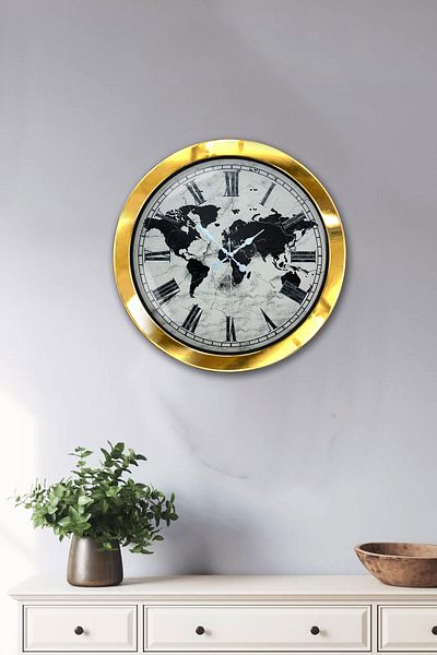 Kasva Concept Δώρο 36 εκ. Χρυσό Μεταλλικό Ρολόι Τοίχου Χάρτη