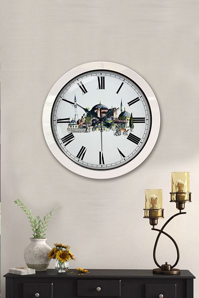 Kasva Concept Gift 36 cm White Metal Mosque Themed Wall Clock