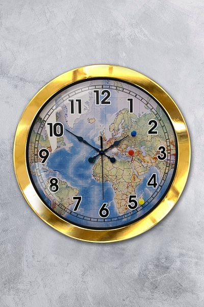 Platin Saat Gift 36 cm Gold Metal Map Wall Clock