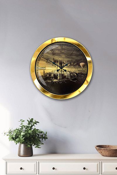 Kasva Concept 36 Cm Gold Metal New York Wall Clock