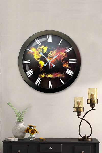 Platin Saat 36 cm Black Metal World Map Wall Clock