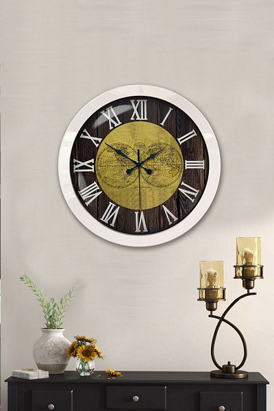 Platin Saat 36 cm White Metal World Maps Wall Clock