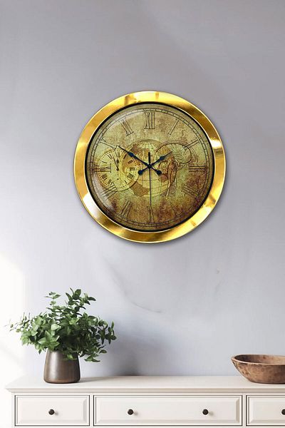 Platin Saat 36 cm Gold Metal Map Wall Clock