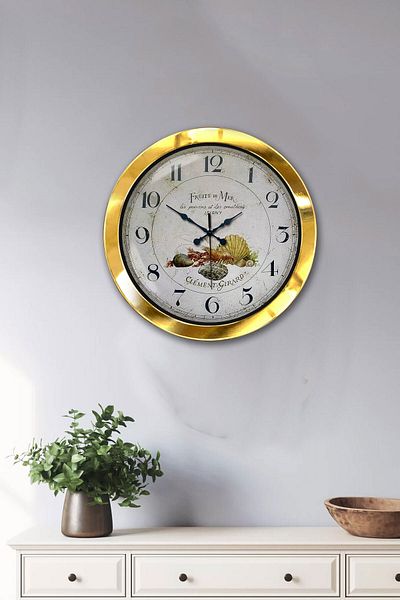 Kasva Concept Gift 36 Cm Gold Metal Fruits Wall Clock