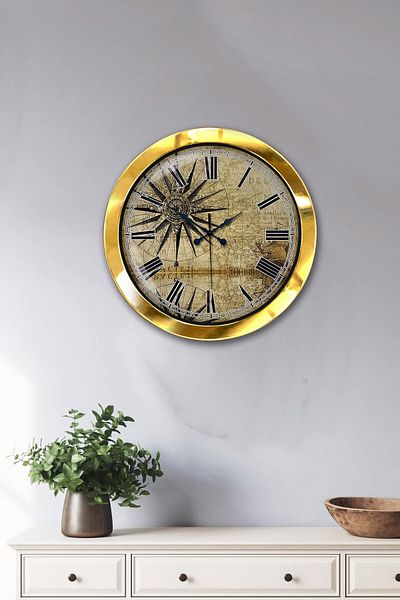 Platin Saat Gift 36 cm Gold Metal Maps Wall Clock