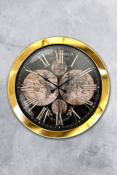 Kasva Concept Gift 36 cm Gold Metal World Map Wall Clock