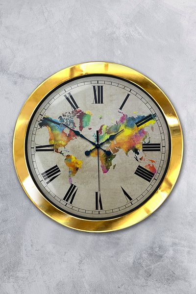 Kasva Concept Gift 36 cm Gold Metal World Map Wall Clock