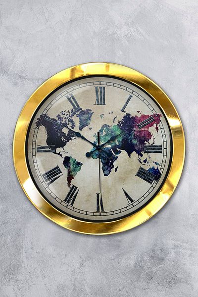 Kasva Concept 36 cm Gold Metal World Map Wall Clock