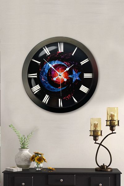 Kasva Concept Gift 36 cm Black Metal Turkish Flag Wall Clock
