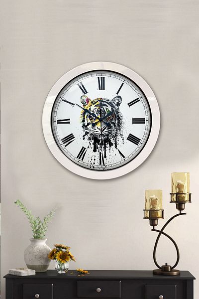 Kasva Concept Gift 36 cm White Metal Tiger Wall Clock