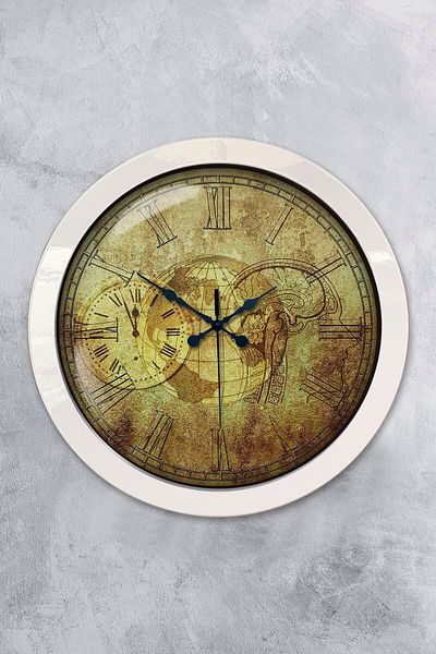 Platin Saat Gift 36 cm White Metal Map Wall Clock