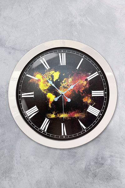 Platin Saat 36 cm White Metal World Map Wall Clock