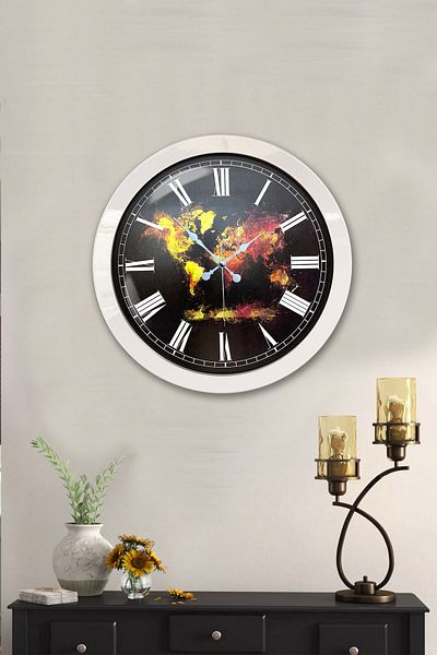Platin Saat 36 cm White Metal World Map Wall Clock
